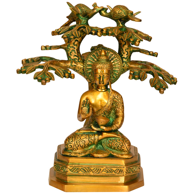 9" Handcrafted Brass Buddha Under Bodhi Tree Statue - Tibetan Buddhist Teaching Sculpture for Home Decor, Meditation Space & Spiritual Display - Traditional Sacred Art