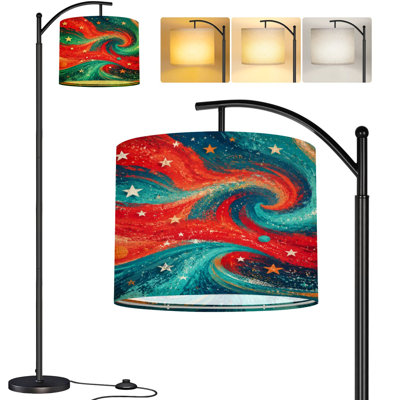  Arc Floor Lamp Abstract Cosmic Swirl Red Blue Nebula Waves Scattered Stars Tall Modern Standing Lamp LED Adjustable Linen Lampshade 3 Color Temperatures