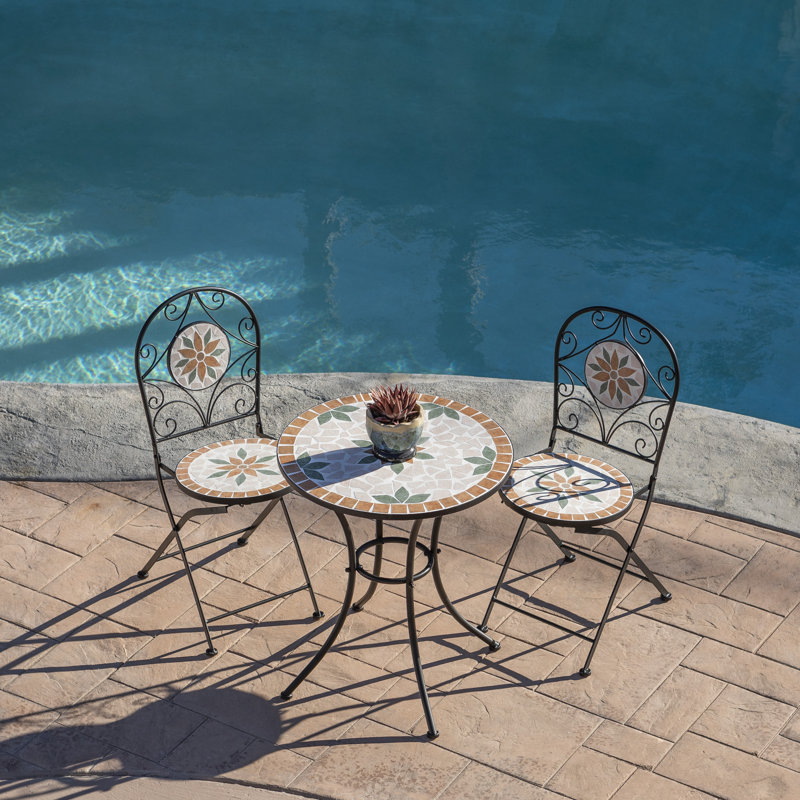 Outdoor Furniture Set 3 Piece Tan and Beige Mosaic Folding Table and Chairs Bistro Set, 35"H - JFH918A
