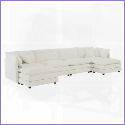 Canapé modulaire moderne en U en chenille blanc avec méridienne réversible et amp; Double repose-pieds - idéal pour le salon