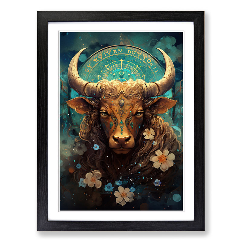 XYZ-FRM-V1223-6122 Taurus Zodiac Tachisme No.2 - Single Picture Frame Print on Wood, 46cm H x 34cm W x 2cm D, Black 