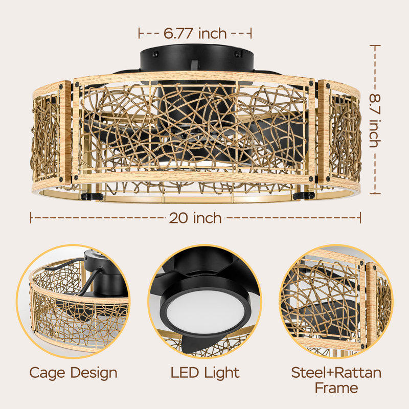  20-Inch Low-Ceiling Cage Ceiling Fan with LED Light, Natural Rattan Light Walnut, Light Walnut
