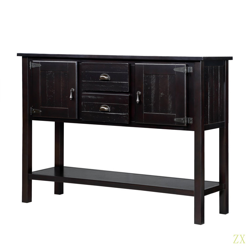Console 48 po en bois massif avec 2 tiroirs, armoires et tablette inférieure, armoire de rangement pour salle à manger de style rétro