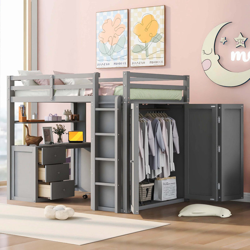 Lit mezzanine avec tiroirs, bureau et garde-robe, Gris