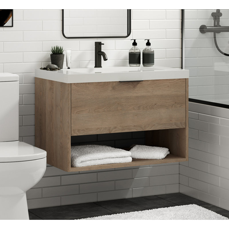 Modo 30" W Wall Mounted Single Bathroom Vanity, Glossy White/Single, Matte Black, White Acrylic