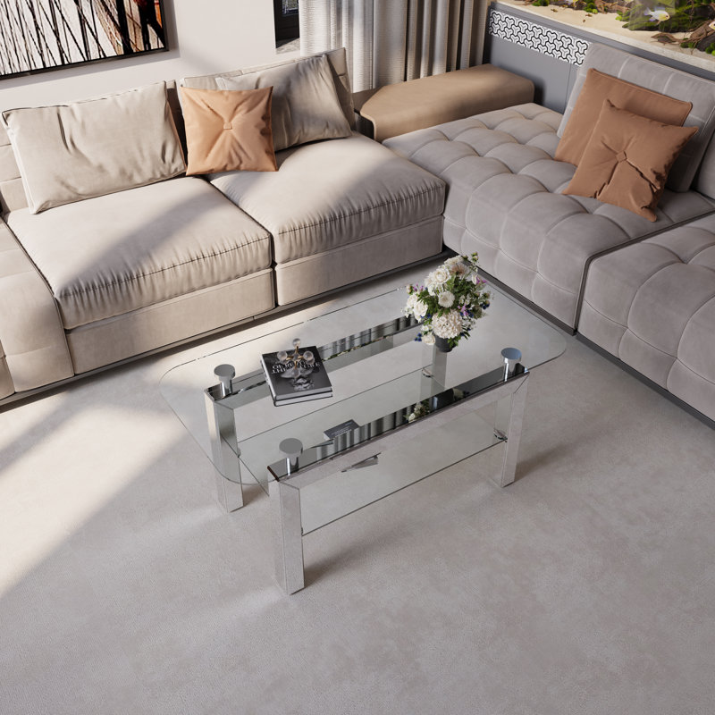 Table rectangulaire moderne en verre trempé à 2 niveaux avec pieds en acier inoxydable