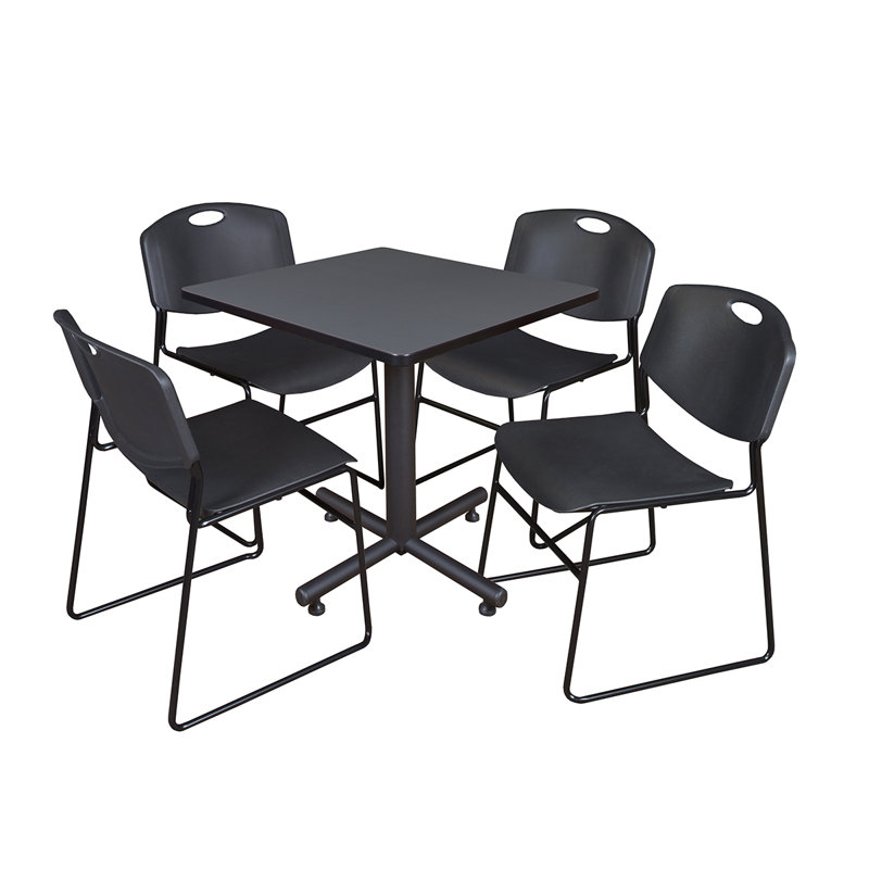 Kobe Square X-Base Breakroom Table, 4 Zeng Stack Chairs, Grey, Black