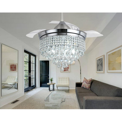 Dinalee 42" LED Invisible Crystal Ceiling Fan with Retractable Blades and Remote Control Brushed Nickel