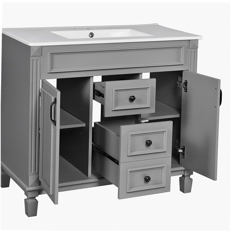 Meuble-lavabo 36 po avec lavabo supérieur, armoire de rangement moderne avec 2 portes à fermeture douce, meuble-lavabo simple