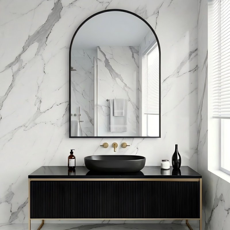 Miroir mural décoratif en verre trempé et alliage d'aluminium, Noir, 36 po x 24 po