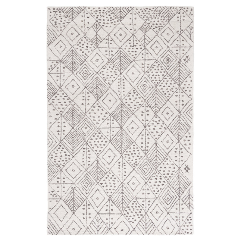 Anaira Hand Tufted Wool/Cotton Geometric Rug in Ivory/Brown, Rectangle 3' x 5'