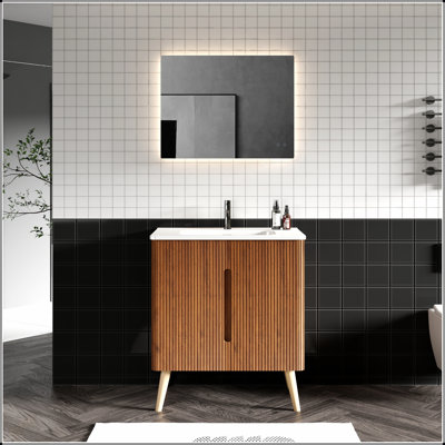 Meuble-lavabo autoportant en noyer rayé de 30 pouces avec lavabo, rangement spacieux et design élégant pour les salles de bain modernes