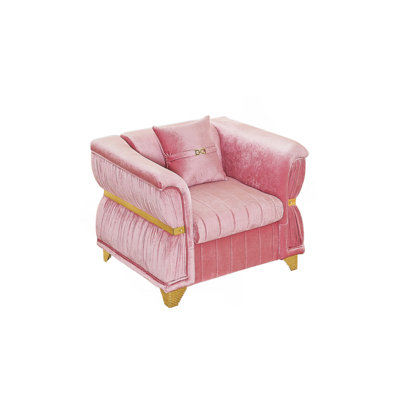 39.8"Modern Velvet Single Sofa with 1 Pillows, Upholstered Accent Couch with Gold Metal Trim, Tapered Gold-Tone Legs & Curved Armrests for Living Room, Bedroom & Apartment, Pink