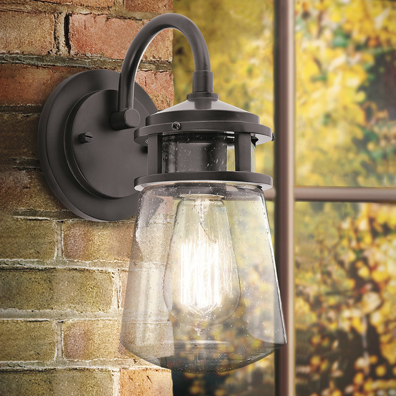 Jaylynn Architectural Bronze Seeded Glass Outdoor Wall Lantern, Medium