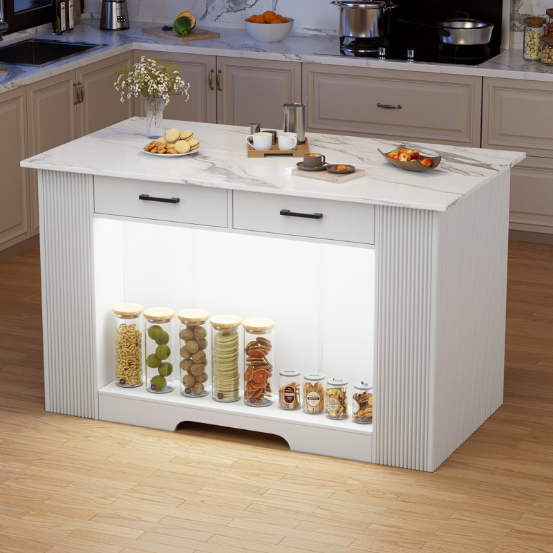 55" Kitchen Island With Led Light, Fluted Island Table With Faux Marble Worktop, 2 Drawers, Open Shelves, Mid Century Modern Center Cabinet For Dining Room & Kitchen