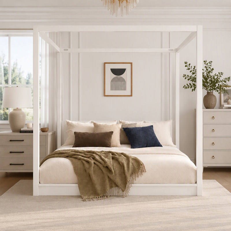 Lit plateforme moderne à baldaquin avec sommier à lattes en bois et montage facile pour une chambre minimaliste, Blanc