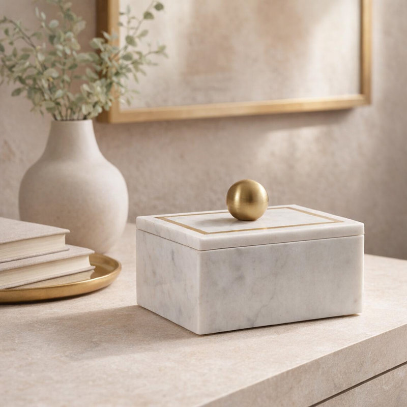 Scarbrough Decorative Box Marble Stone Metal Brass Modern Storage Container with Removable Lid Contemporary Accent Box for Shelf or Tabletop Display Home Organizer Accessory Modern Design
