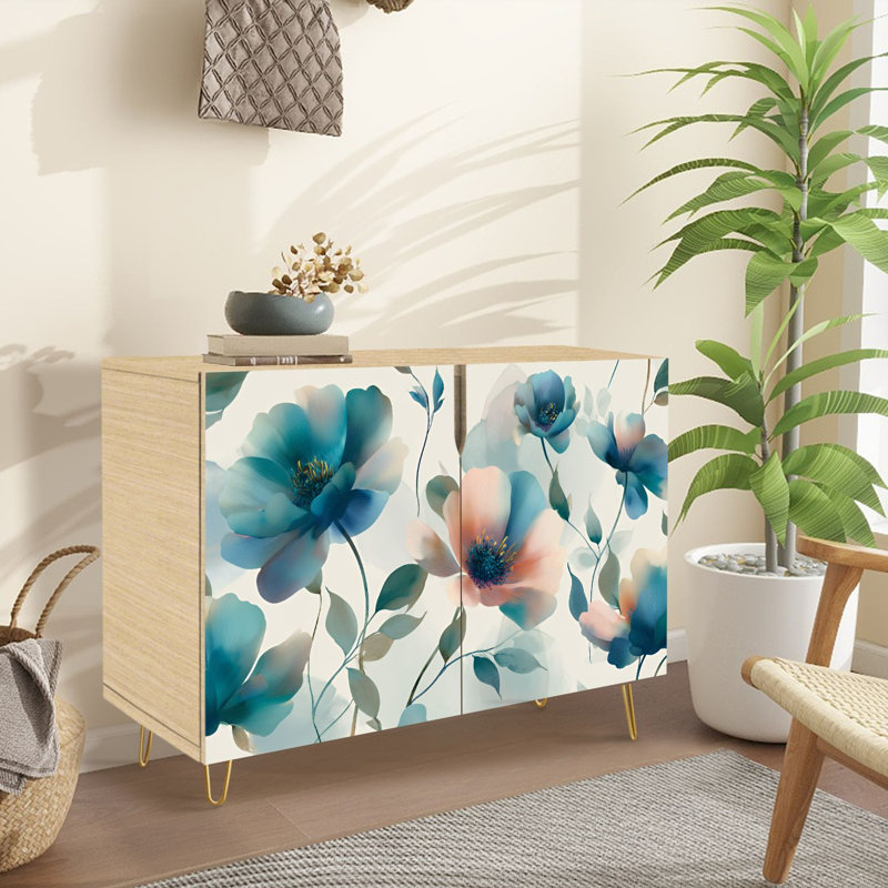 Buffet avec rangement et fleurs abstraites, art floral abstrait grunge avec 2 portes pour le salon et la cuisine