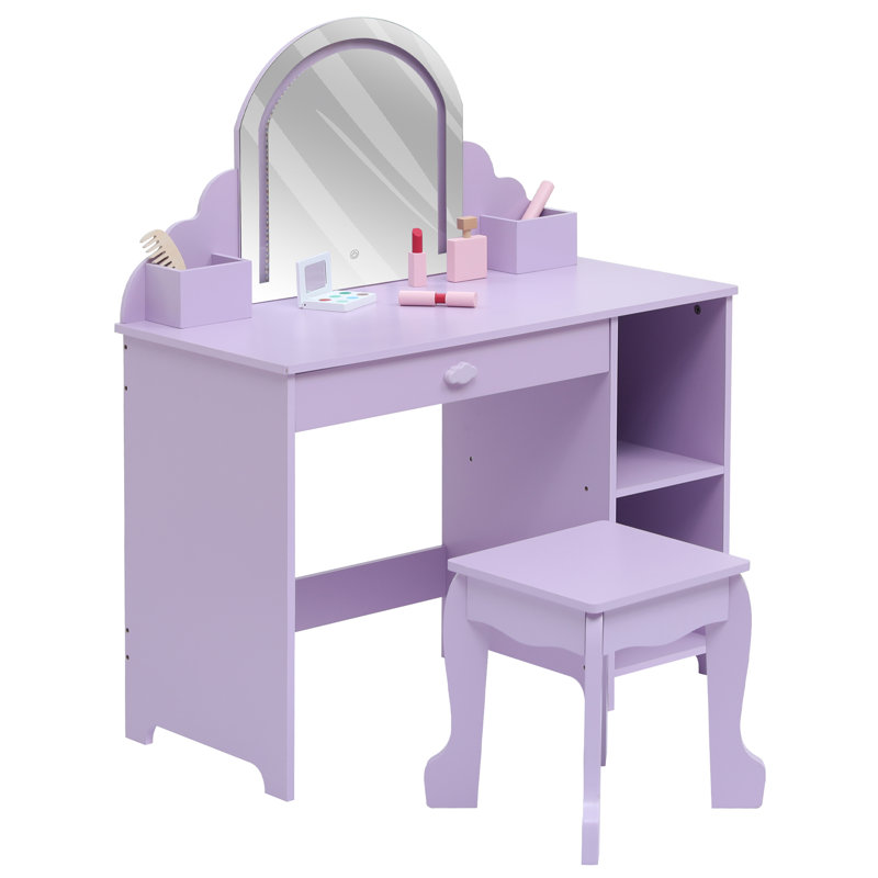 Kids Vanity Table with Mirror and Lights, Wooden Makeup Vanity Desk with Stool, Drawer, Shelves & Cubbies, Princess Dressing Table