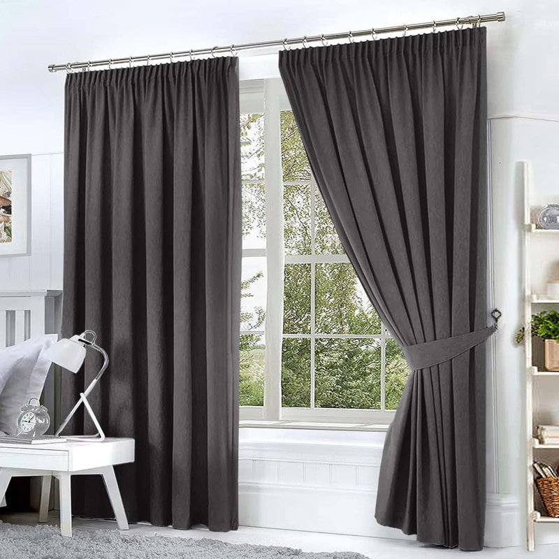 Blackout Pencil Pleat Curtains - Light Blocking, Thermal Insulated Window Drapes, Dark Grey, 228cm Width x 228cm Drop