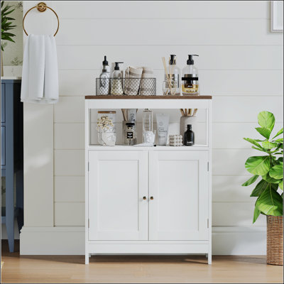 Armoire de rangement moderne avec tablette ouverte et armoire à double porte fermée, plateau de table en grain de bois et corps d'armoire blanc, organisateur polyvalent pour la cuisine, la salle de bain, le vestibule, le salon