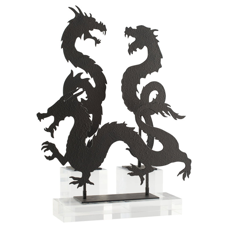 Black Iron Dragon Sculpture on Clear Base