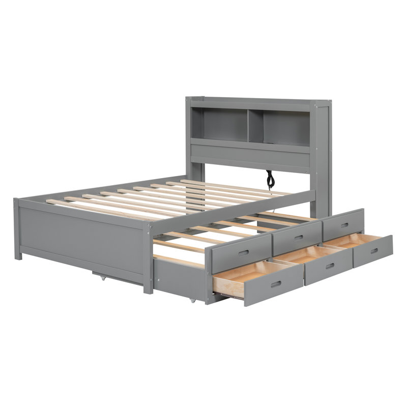 Lit plateforme double avec lit gigogne, tiroirs et prises USB, gris, gris