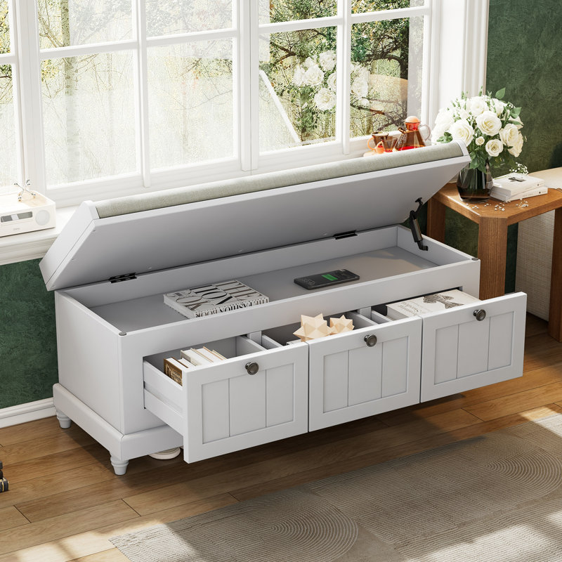 Banc à chaussures classique avec coussin et trois tiroirs, banc d'entrée cannelé avec rangement pour le salon, le vestibule et les couloirs