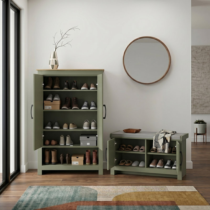 Limestone Entryway Shoe Bench And 2 Door Shoe Storage Cabinet Living Set, Kale Green