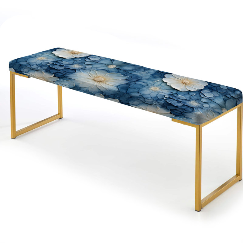Banc floral rembourré or, Collage de marbre bleu et blanc