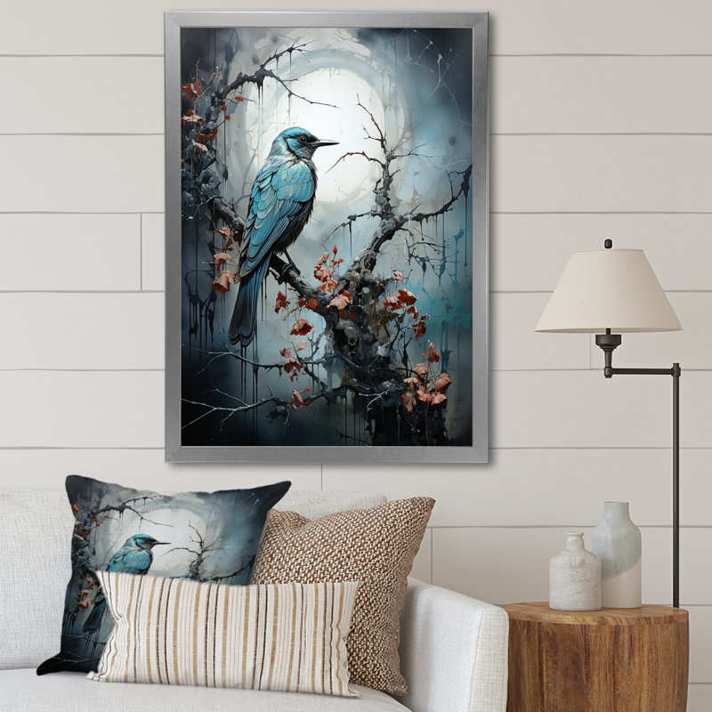 «Blue Bird Murmurs In Moonlight II», art mural oiseau, H 32 po x l 24 po x P 1 po, Cadre simple argenté
