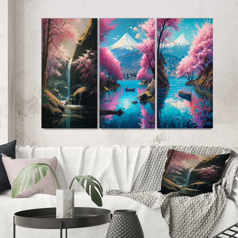 «Cherry Blossom Stream», 3 pièces sur toile, Toile tendue, H 28 po x l 36 po