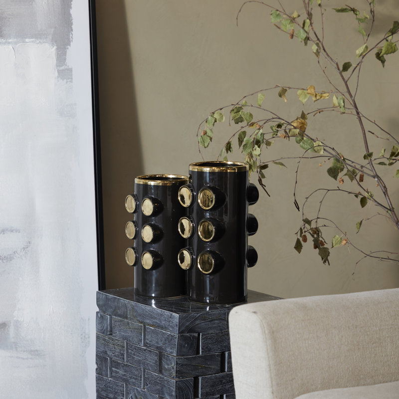 Ceramic Decorative Vase with Circle Accents Set, Black