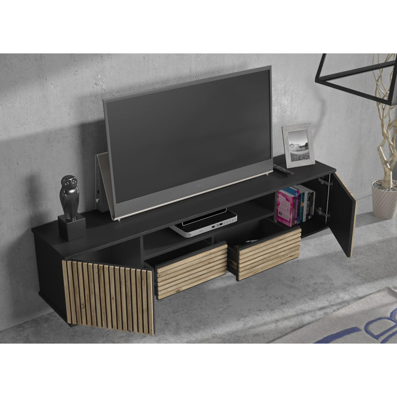 Meuble télé moderne avec plusieurs tablettes de 70,9 po x 21,7 po x 13,8 po | 100% aggloméré avec structure en panneau de fibres à densité moyenne, épaisseur de 0,71 pouce | Design scandinave en pin noir et atlantique | Fixation murale, élégante et fonctionnelle