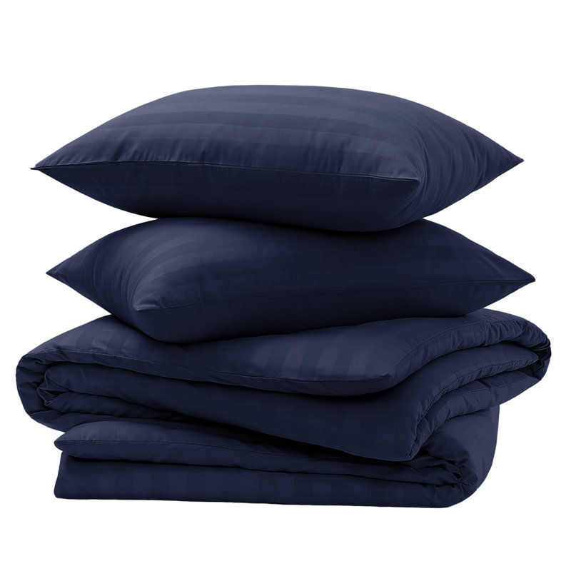 4-Piece Striped High Quality Duvet Cover Set with Fitted Sheet & 2 Pillowcases , Navy