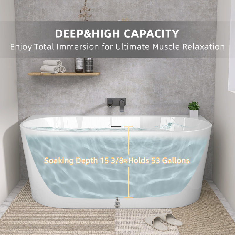59'' x 30'' Corner Soaking Bathtub Acrylic Stand Alone Back to Wall Alcove Freestanding Tub with Overflow Glossy White