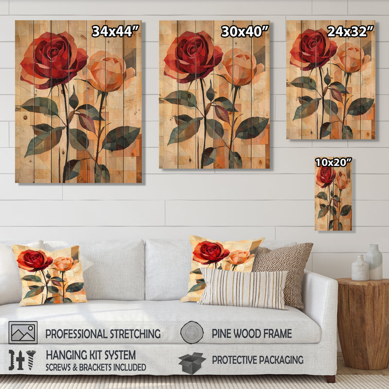 Red Velvet Geometric Rose Passion II - Roses Wood Print - On Natural Pine Wood, 20" H x 10" W x 0.78" D