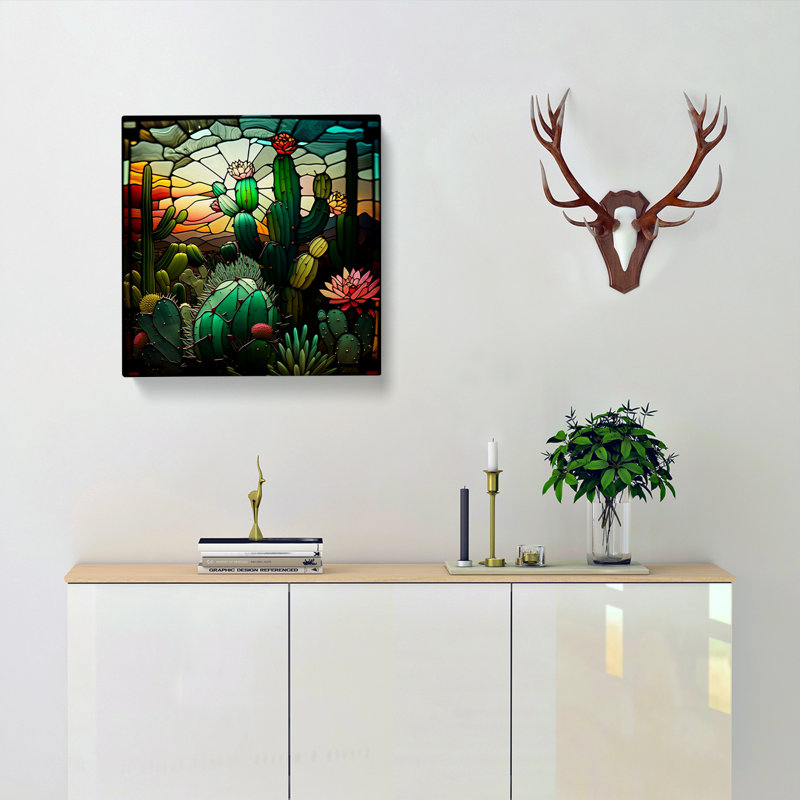 Cactus Stained Glass Effect - No Frame Print, 50cm H x 50cm W x 3cm D