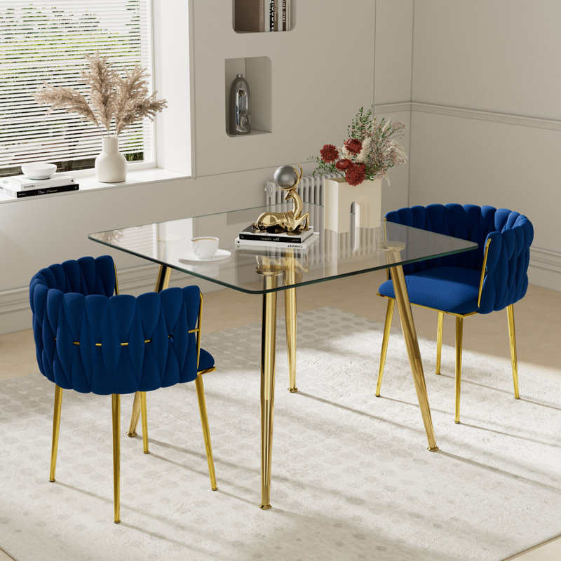Ensemble de salle à manger à piédestal carré avec chaise tissée, Bleu