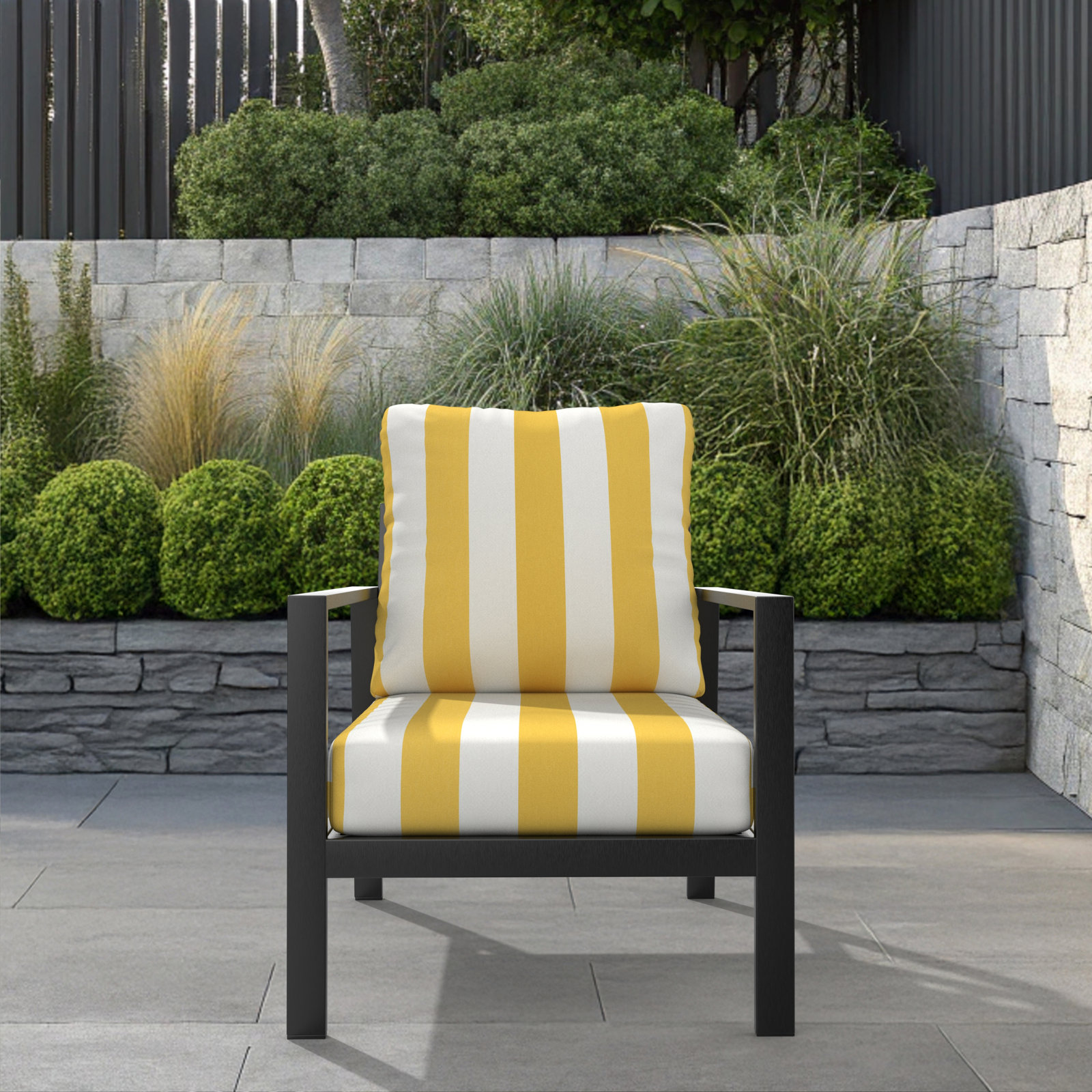 Amala Sunbrella® Outdoor Deep Seating Lounge Chair Seat/Back Cushion, Sunbrella Sail Away Sunflower Cabana Stripe