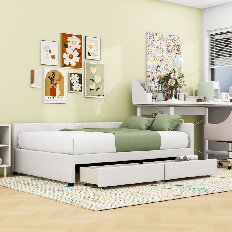 Full Size Upholstered Daybed with Built-in Storage and Durable Frame, Beige