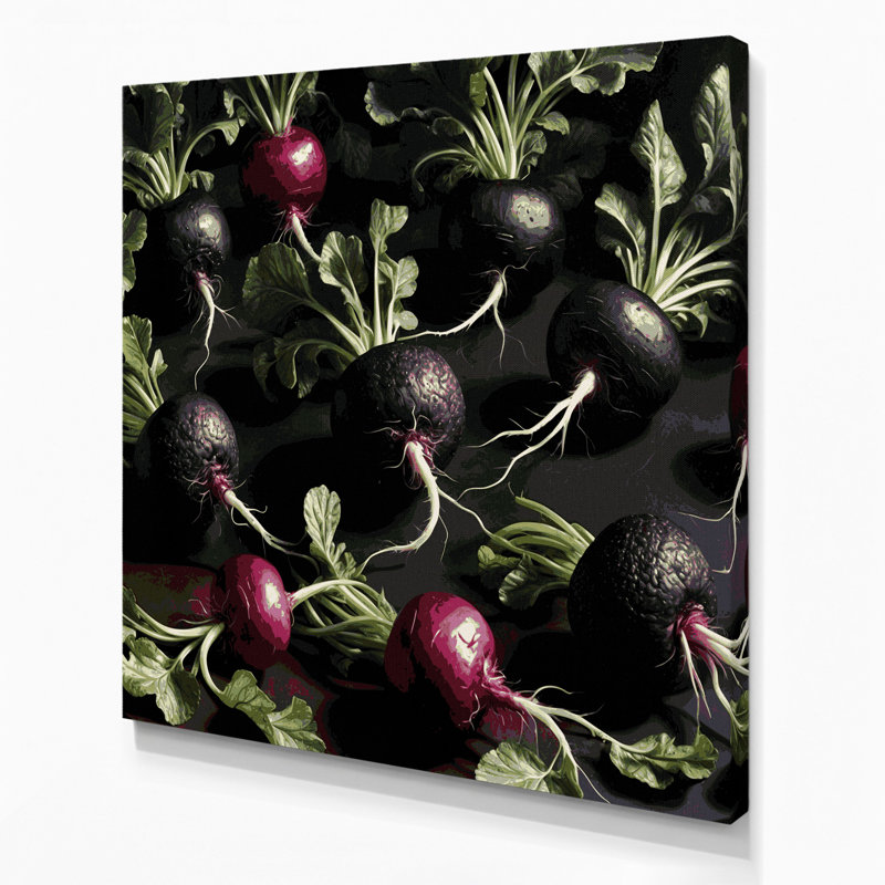 Légumes, radis, art mural noir sur toile, H 16 po x l 16 po