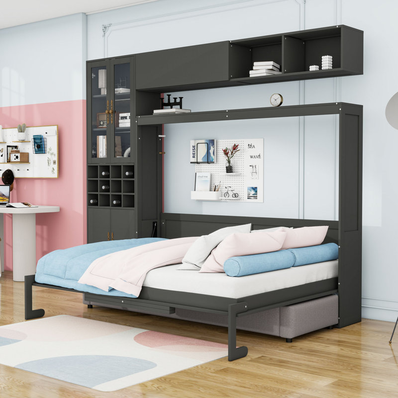 Lit escamotable en bois avec canapé et armoire et port USB, Blanc, Grand