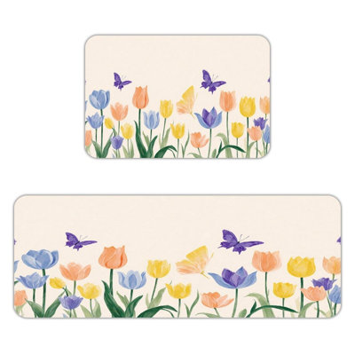 Pastel Tulips & Butterflies, 2 Pcs Non Slip Kitchen Mats