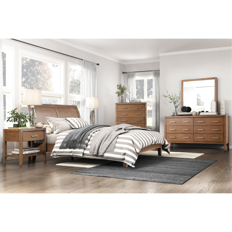 Grand lit plateforme de style transitionnel, tête de lit, lit brun avec aspect