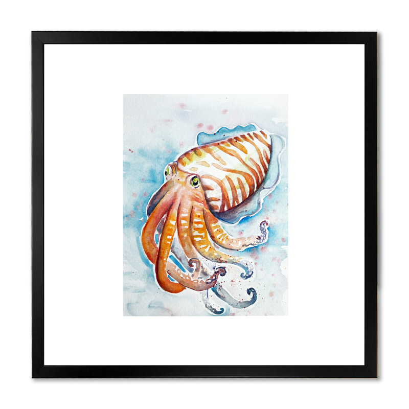 " Aquarelle Cuttlefish Art ", 16" H x 16" W x 1" D, Black Picture Framed Canvas