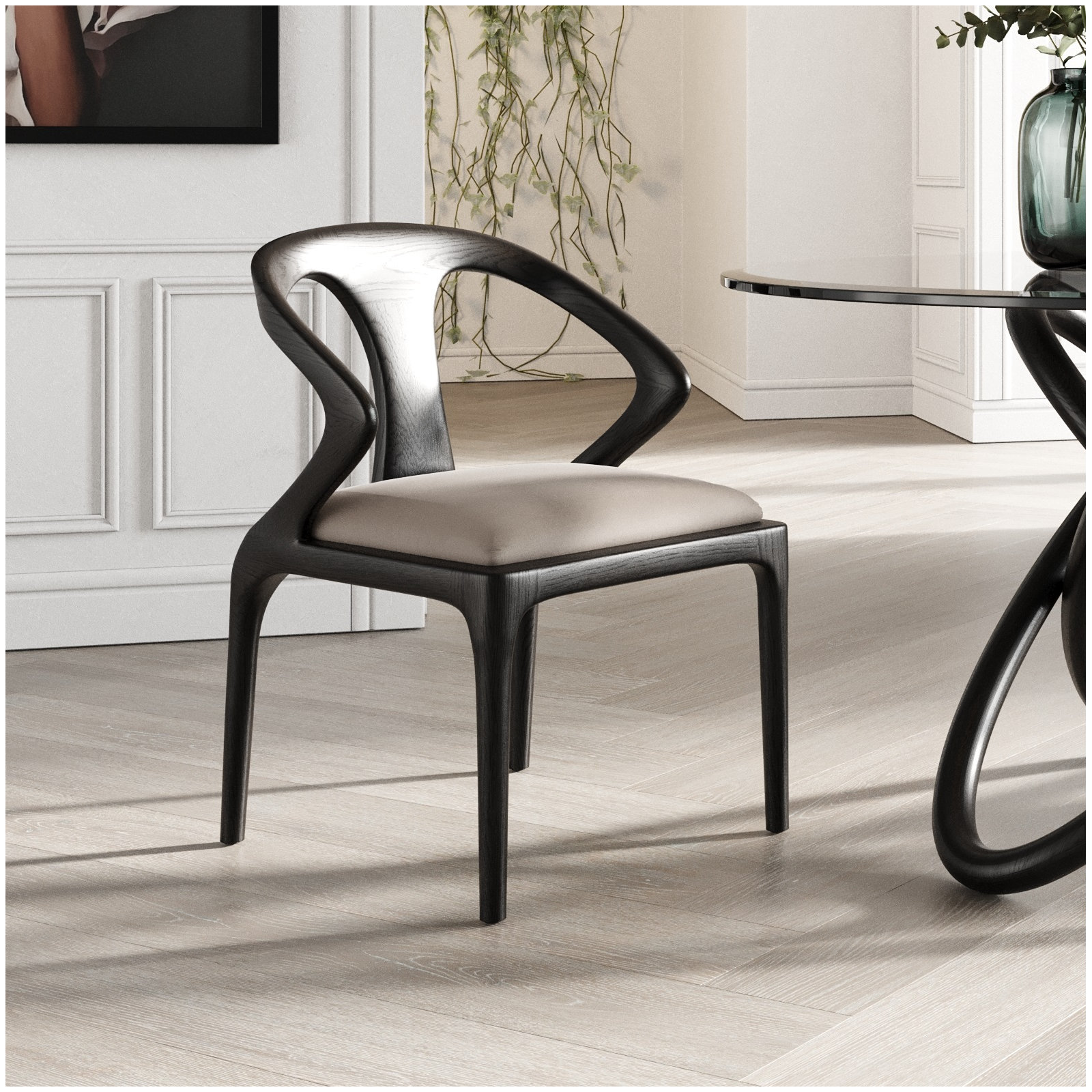 Downham Solid Wood Upholstered Dining Chair, Grey/Black Ash