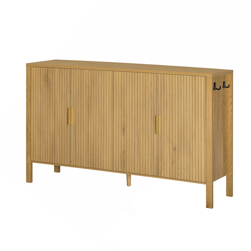 Sideboard Modern 57.5" Stripe Door Storage Cabinet, 4 Doors With Back-Of-Door Storage Racks And Side Hooks, Adjustable Shelves, Mdf With Aluminum Handles For Living Room, Dining Room