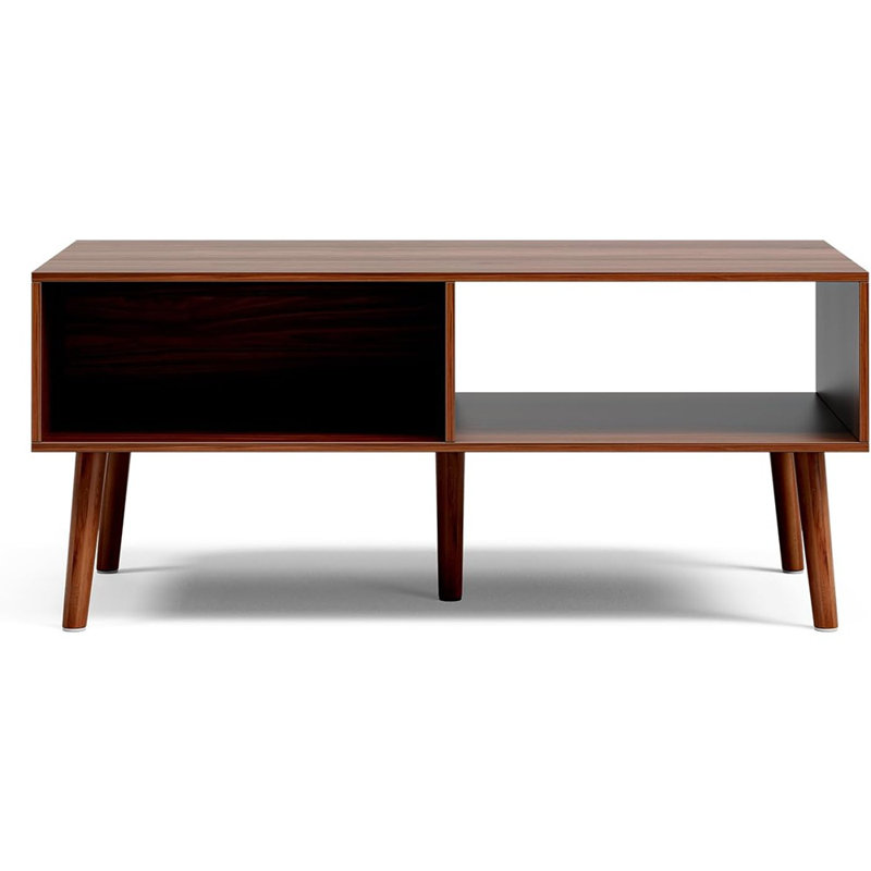 Fluted Coffee Table With Storage, Mid Century Dining Table With Drawer And Solid Wood Legs, Small Coffee Tables For Living Room, Walnut