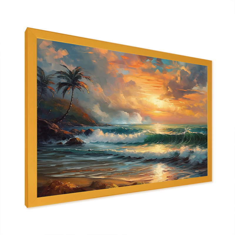 Orange et vert bord de mer Serenity II - art mural plage, salon, H 16 po x l 32 po x P 1 po, Encadrement doré